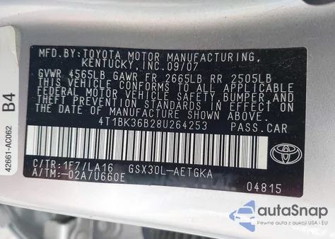 2008 Toyota Avalon Xls from USA, damaged, VIN 4T1BK36B28U264253